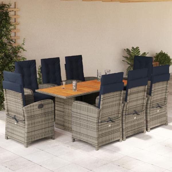 ARDEBO.de - 9-tlg. Garten-Essgruppe mit Kissen Beige Poly Rattan