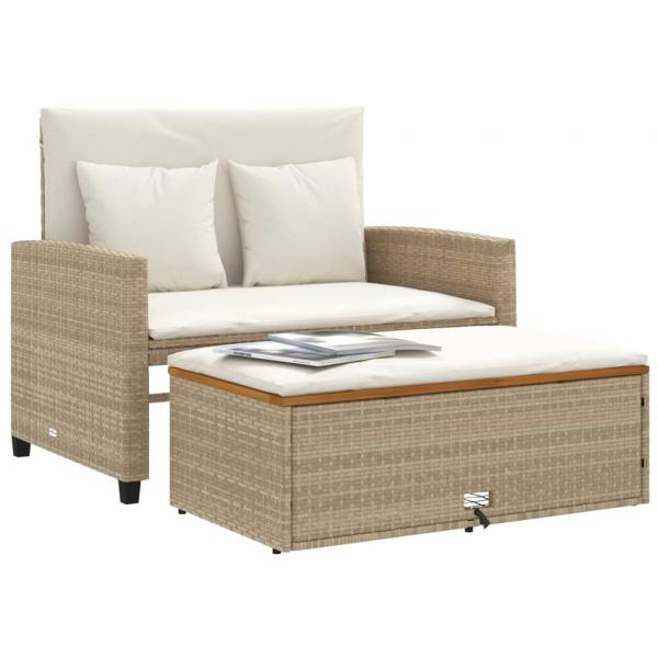 Gartensofa mit Kissen 2-Sitzer Beige Poly Rattan & Akazienholz