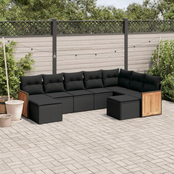 ARDEBO.de - 9-tlg. Garten-Sofagarnitur mit Kissen Schwarz Poly Rattan