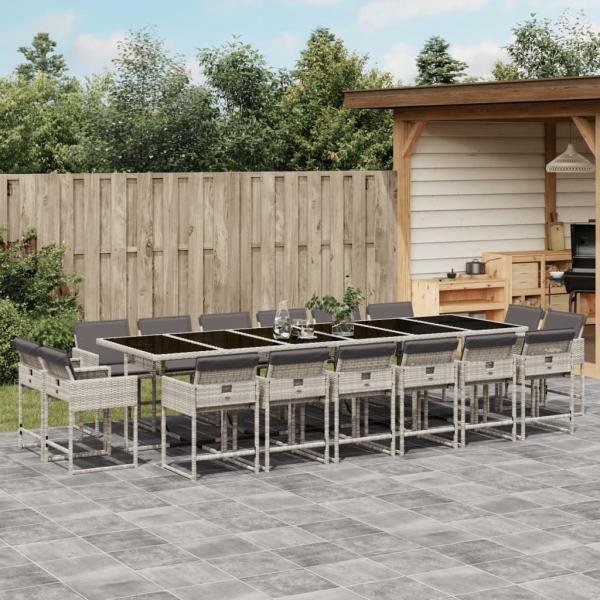 ARDEBO.de - 17-tlg. Garten-Essgruppe mit Kissen Hellgrau Poly Rattan