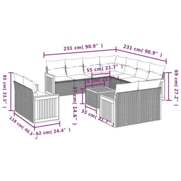 12-tlg. Garten-Sofagarnitur mit Kissen Schwarz Poly Rattan