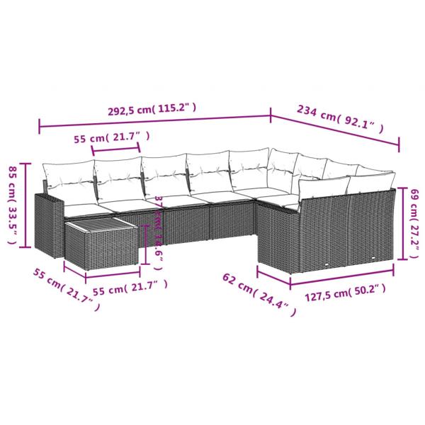 10-tlg. Garten-Sofagarnitur mit Kissen Schwarz Poly Rattan