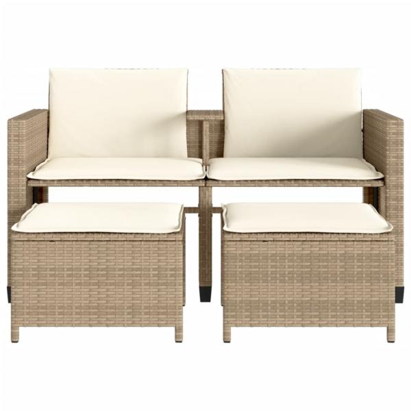 Gartensofa 2-Sitzer mit Tisch und Hockern Beige Poly Rattan