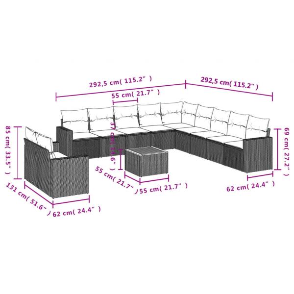 12-tlg. Garten-Sofagarnitur mit Kissen Schwarz Poly Rattan