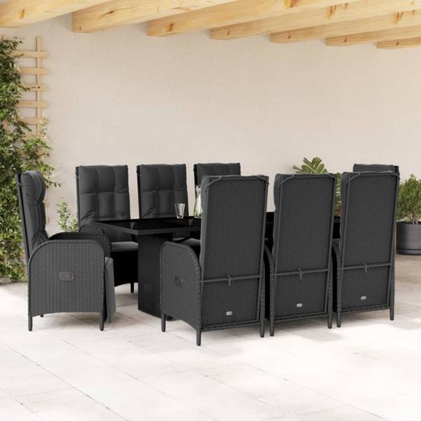 ARDEBO.de - 9-tlg. Garten-Essgruppe mit Kissen Schwarz Poly Rattan