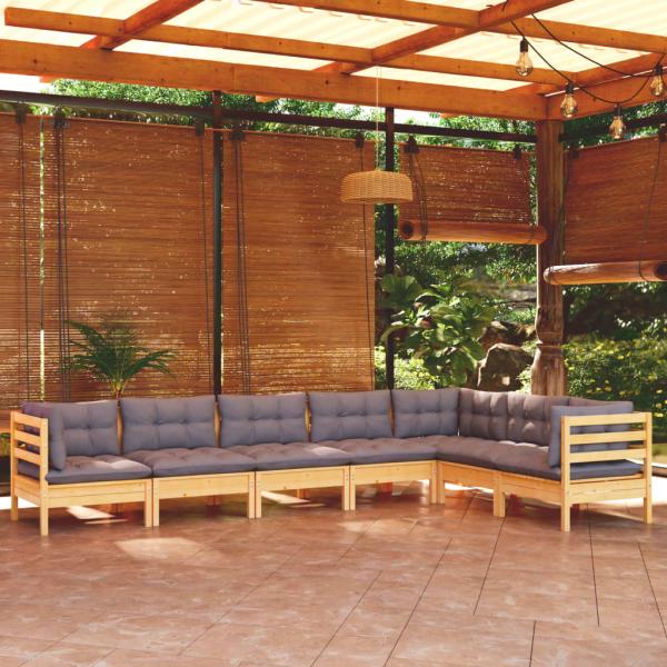 ARDEBO.de - 7-tlg. Garten-Lounge-Set mit Grauen Kissen Kiefer Massivholz