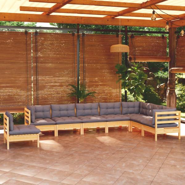 ARDEBO.de - 8-tlg. Garten-Lounge-Set mit Grauen Kissen Kiefer Massivholz