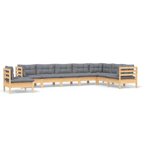 8-tlg. Garten-Lounge-Set mit Grauen Kissen Kiefer Massivholz