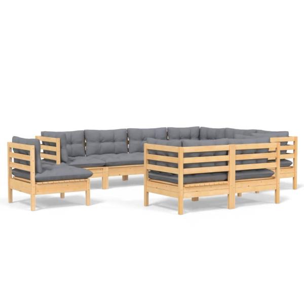 9-tlg. Garten-Lounge-Set mit Grauen Kissen Kiefer Massivholz