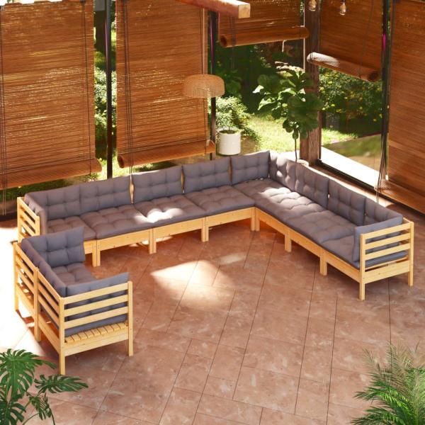 ARDEBO.de - 10-tlg. Garten-Lounge-Set mit Grauen Kissen Massivholz Kiefer