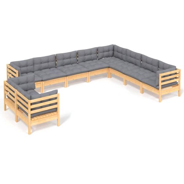 10-tlg. Garten-Lounge-Set mit Grauen Kissen Massivholz Kiefer