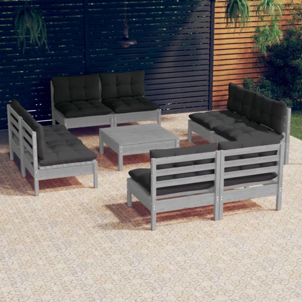 ARDEBO.de - 9-tlg. Garten-Lounge-Set mit Anthrazit Kissen Kiefernholz