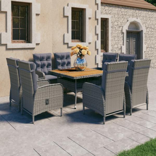 ARDEBO.de - 9-tlg. Garten-Essgruppe Poly Rattan und Akazienholz Grau