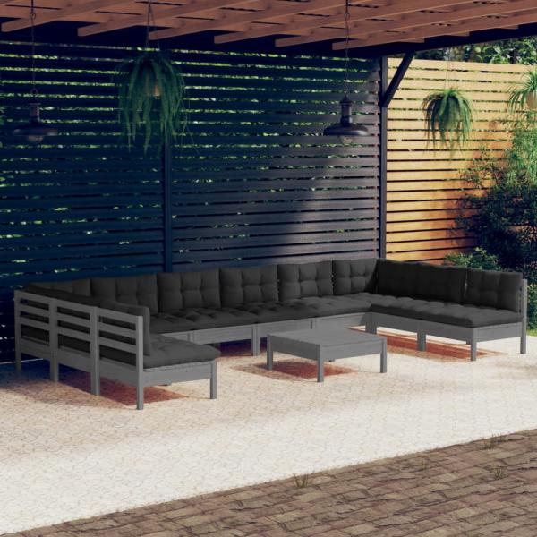 ARDEBO.de - 11-tlg. Garten-Lounge-Set mit Kissen Grau Kiefer Massivholz