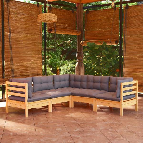 ARDEBO.de - 5-tlg. Garten-Lounge-Set mit Grauen Kissen Kiefer Massivholz