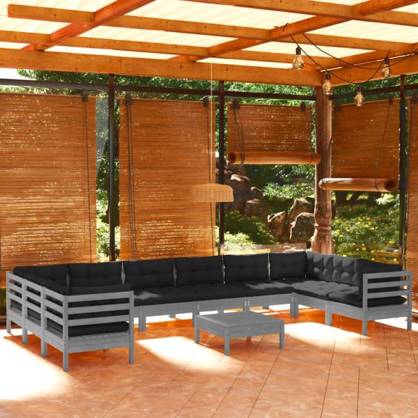 ARDEBO.de - 11-tlg. Garten-Lounge-Set mit Kissen Grau Kiefernholz