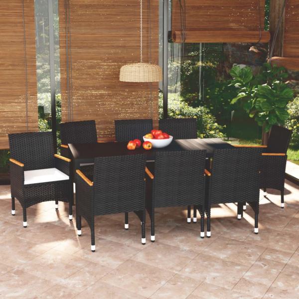 ARDEBO.de - 9-tlg. Garten-Essgruppe mit Kissen Poly Rattan Schwarz