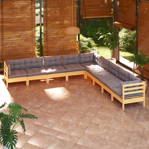 ARDEBO.de - 9-tlg. Garten-Lounge-Set mit Grauen Kissen Kiefer Massivholz