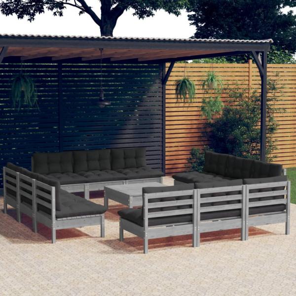 ARDEBO.de - 13-tlg. Garten-Lounge-Set mit Anthrazit Kissen Kiefernholz