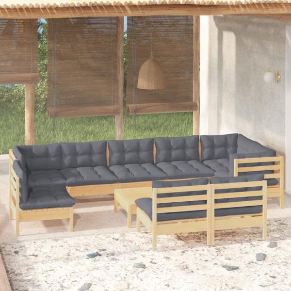 ARDEBO.de - 10-tlg. Garten-Lounge-Set mit Grauen Kissen Kiefer Massivholz