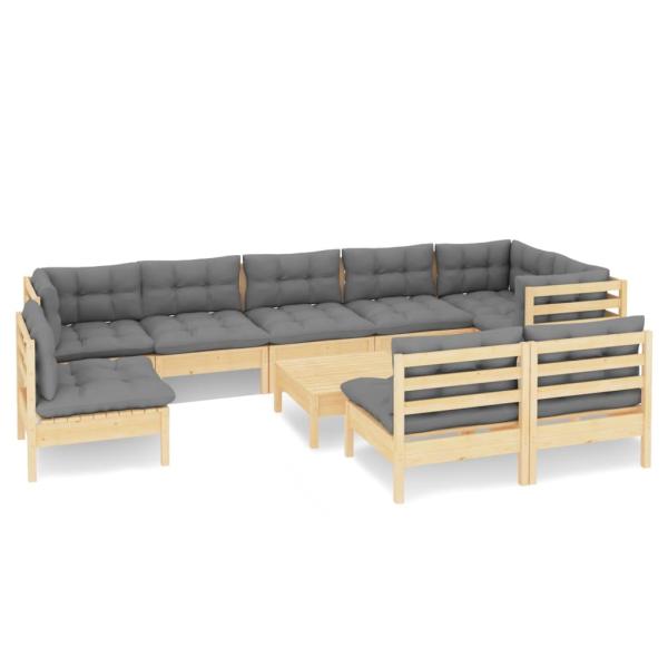 10-tlg. Garten-Lounge-Set mit Grauen Kissen Kiefer Massivholz