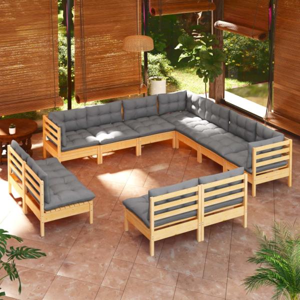 ARDEBO.de - 11-tlg. Garten-Lounge-Set mit Grauen Kissen Massivholz Kiefer