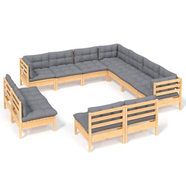 11-tlg. Garten-Lounge-Set mit Grauen Kissen Massivholz Kiefer