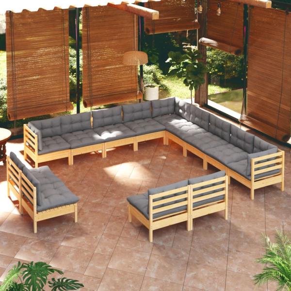 ARDEBO.de - 13-tlg. Garten-Lounge-Set mit Grauen Kissen Massivholz Kiefer