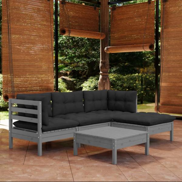 ARDEBO.de - 5-tlg. Garten-Lounge-Set mit Kissen Grau Kiefernholz