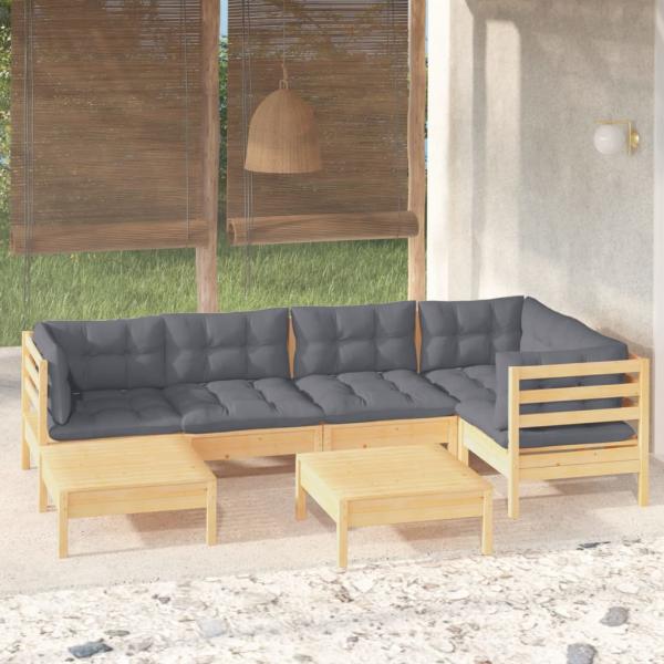 ARDEBO.de - 7-tlg. Garten-Lounge-Set mit Grauen Kissen Kiefer Massivholz