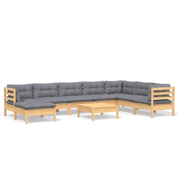 9-tlg. Garten-Lounge-Set mit Grauen Kissen Kiefer Massivholz