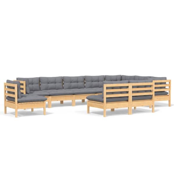 10-tlg. Garten-Lounge-Set mit Grauen Kissen Kiefer Massivholz