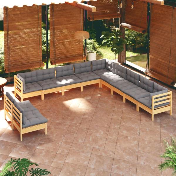 ARDEBO.de - 11-tlg. Garten-Lounge-Set mit Grauen Kissen Massivholz Kiefer