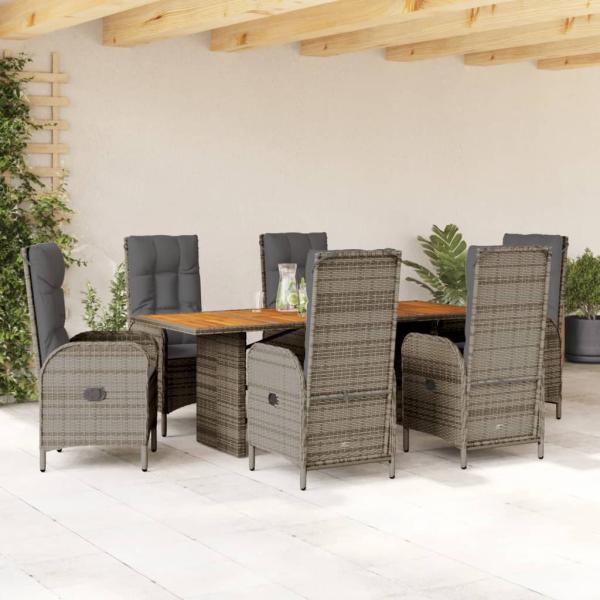 ARDEBO.de - 7-tlg. Garten-Essgruppe mit Kissen Grau Poly Rattan