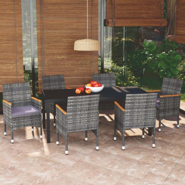 ARDEBO.de - 7-tlg. Garten-Essgruppe mit Kissen Poly Rattan Grau