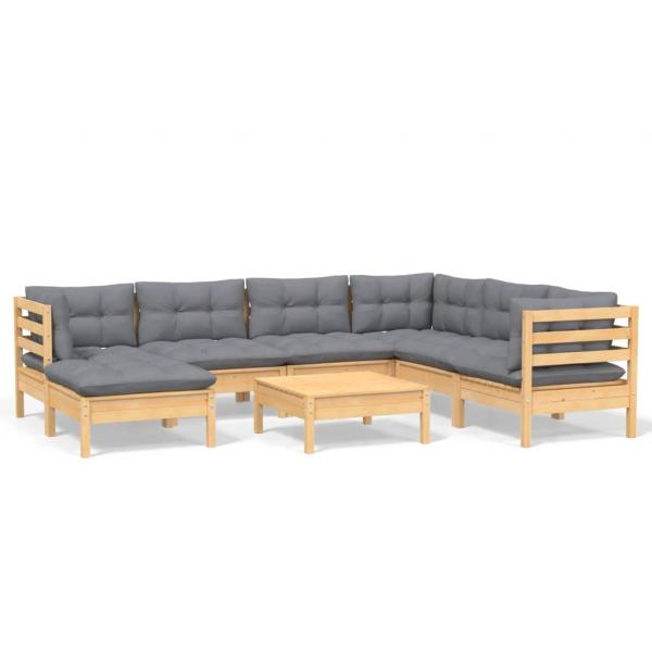 8-tlg. Garten-Lounge-Set mit Grauen Kissen Kiefer Massivholz