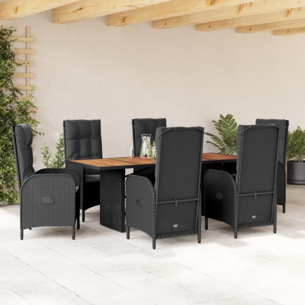 ARDEBO.de - 7-tlg. Garten-Essgruppe mit Kissen Schwarz Poly Rattan