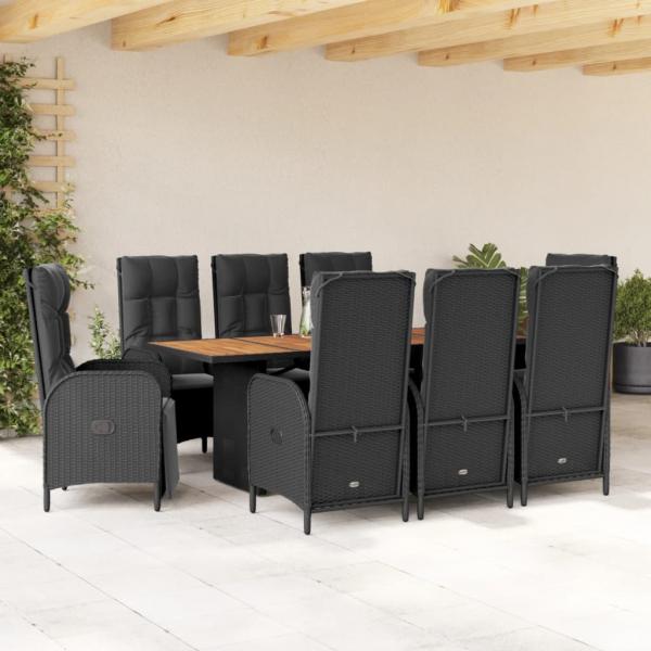 ARDEBO.de - 9-tlg. Garten-Essgruppe mit Kissen Schwarz Poly Rattan