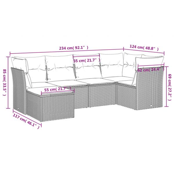 6-tlg. Garten-Sofagarnitur mit Kissen Braun Poly Rattan