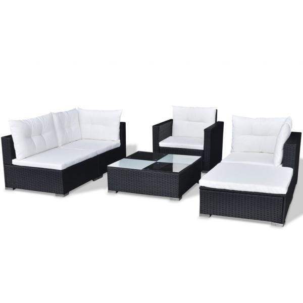 6-tlg. Garten-Lounge-Set mit Auflagen Poly Rattan Schwarz