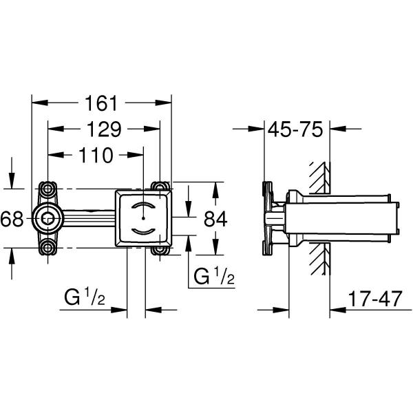 GROHE Einhand Unterputz-Universal-Einbaukörper, DN 15, für 2-Loch-Waschtischbatterien Wandeinbau, mit Dichtmanschette, für normgerechte Wanddurchführung (23200002)