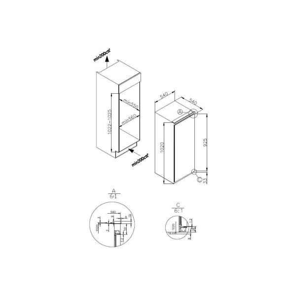 Amica EKSS 361 215 Einbaukühlschrank mit Gefrierfach, Nischenhöhe 102 cm, 140 L, Schlepptürtechnik, LED Beleuchtung, weiß