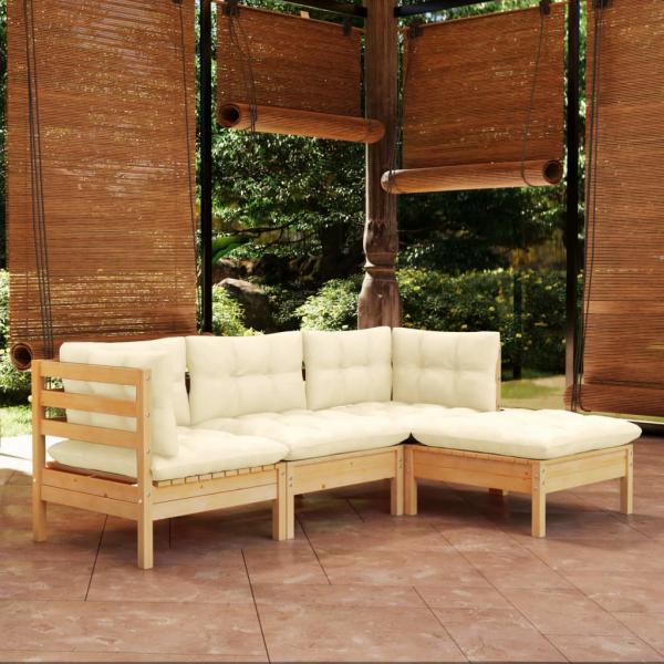 ARDEBO.de - 4-tlg. Garten-Lounge-Set mit Creme Kissen Kiefernholz