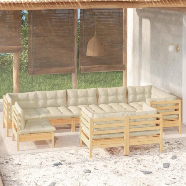 ARDEBO.de - 9-tlg. Garten-Lounge-Set mit Creme Kissen Massivholz Kiefer