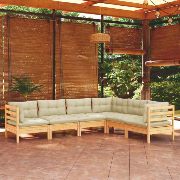 ARDEBO.de - 6-tlg. Garten-Lounge-Set mit Creme Kissen Massivholz Kiefer