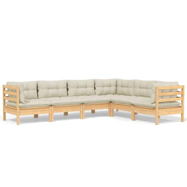 6-tlg. Garten-Lounge-Set mit Creme Kissen Massivholz Kiefer