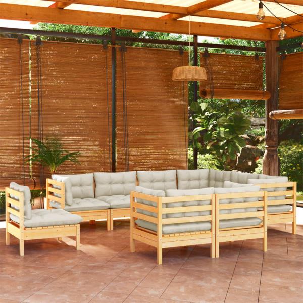 ARDEBO.de - 9-tlg. Garten-Lounge-Set mit Creme Kissen Massivholz Kiefer