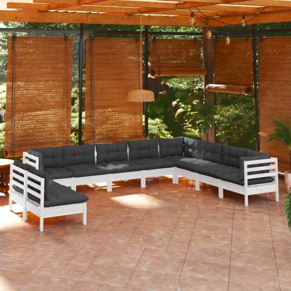 ARDEBO.de - 10-tlg. Garten-Lounge-Set mit Kissen Weiß Massivholz Kiefer