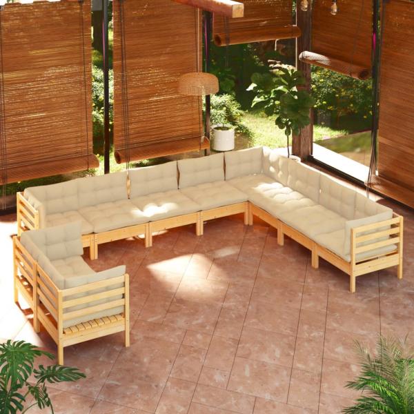 ARDEBO.de - 10-tlg. Garten-Lounge-Set mit Creme Kissen Massivholz Kiefer