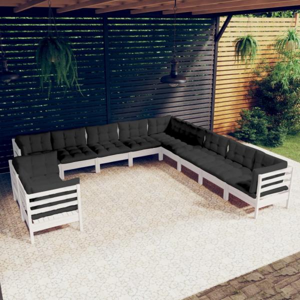 ARDEBO.de - 11-tlg. Garten-Lounge-Set mit Kissen Weiß Massivholz Kiefer